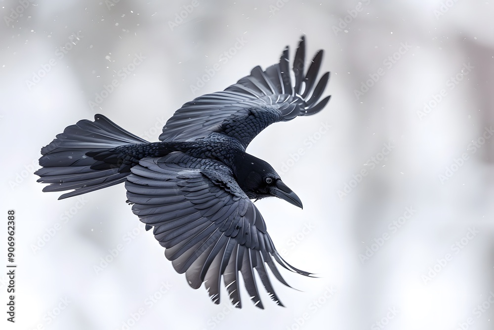 Naklejka premium Majestic Raven in Flight Against a Snowy Background