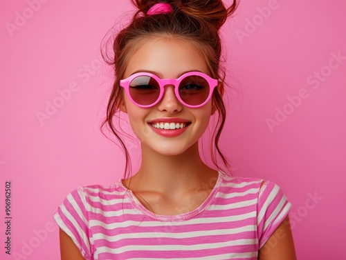portrait of a cute girl in pink sunglasses