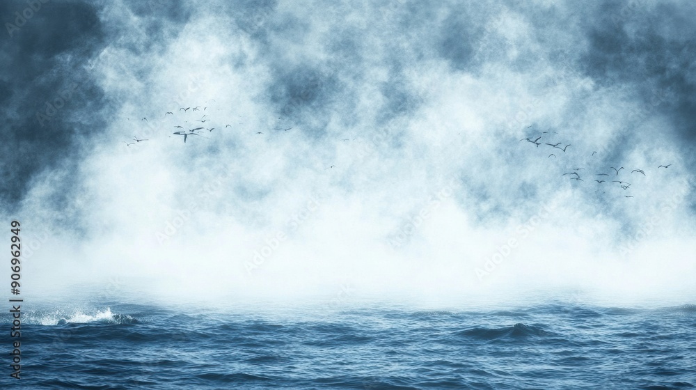 Ocean Waves with Mist and Birds in Serene Blue Tones