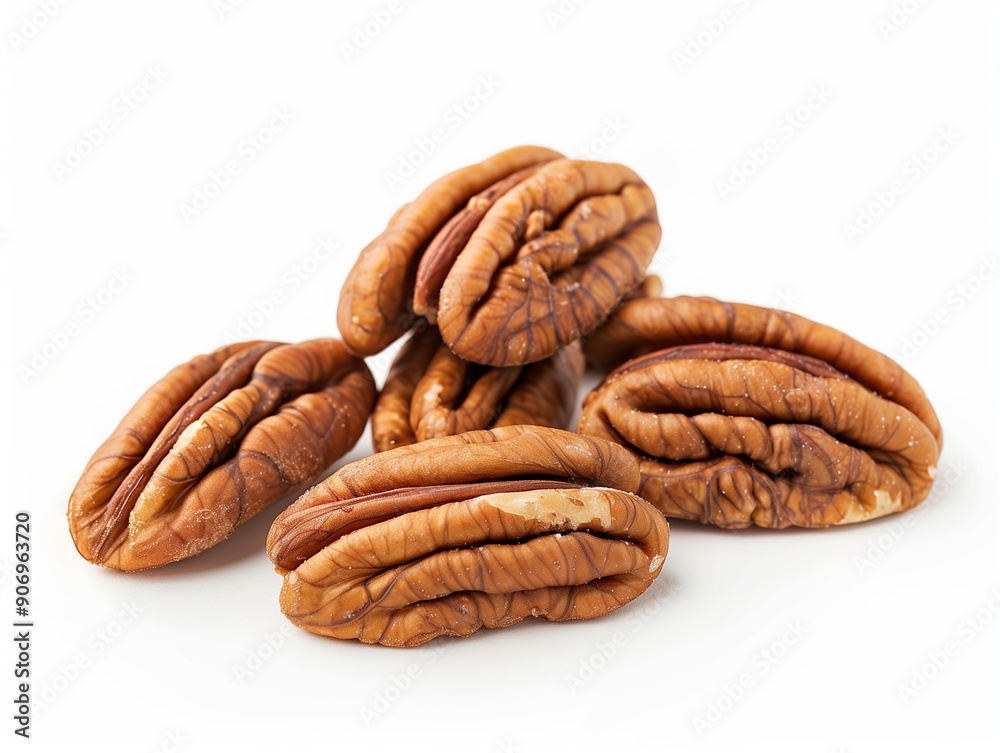 close-up of a few pecan nuts scattered on a white background, high-resolution, detailed texture of the pecan shell and meat, clean and sophisticated, realistic close-up of a few pecan nuts scattered on a white background, high-resolution, detailed texture of the pecan shell and meat, clean and sophisticated, realistic