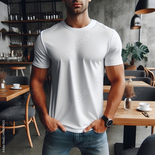 Man Wearing White T-Shirt Standing in Cafe