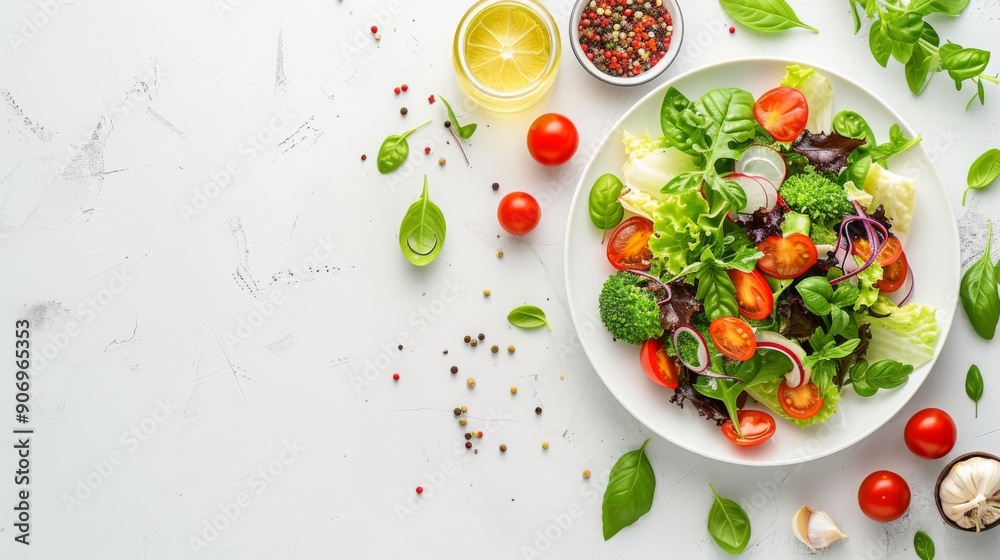 An overhead view of a colorful and appetizing salad An overhead view of a colorful and appetizing salad