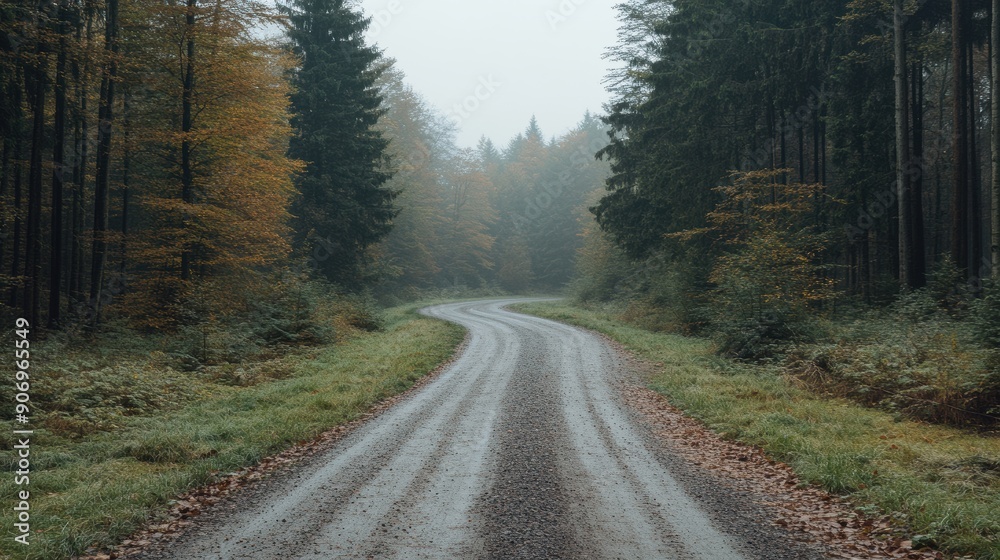 Winding Forest Road in Foggy Autumn Landscape Winding Forest Road in Foggy Autumn Landscape