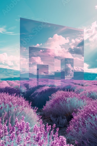 Surreal abstract landscape with mirrors reflecting sky clouds over vibrant lavender field photo