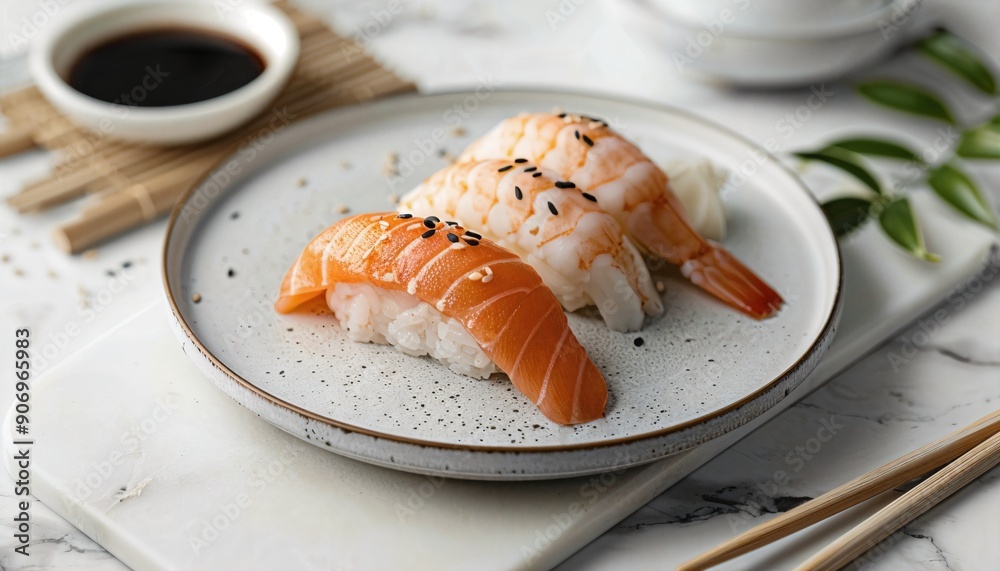 a white plate topped with sushi and chopsticks a white plate topped with sushi and chopsticks