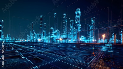 Futuristic Industrial Landscape with Neon Blue Highlights