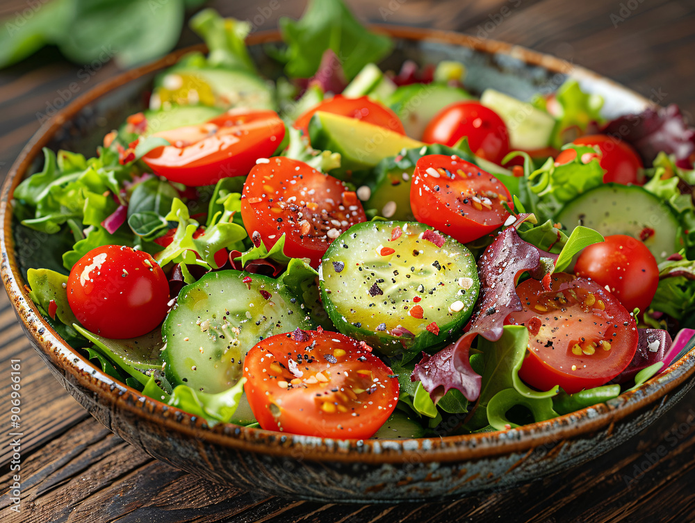 A bowl of vegetables with a side of tomatoes and cucumbers. The salad is fresh and colorful. A bowl of vegetables with a side of tomatoes and cucumbers. The salad is fresh and colorful.