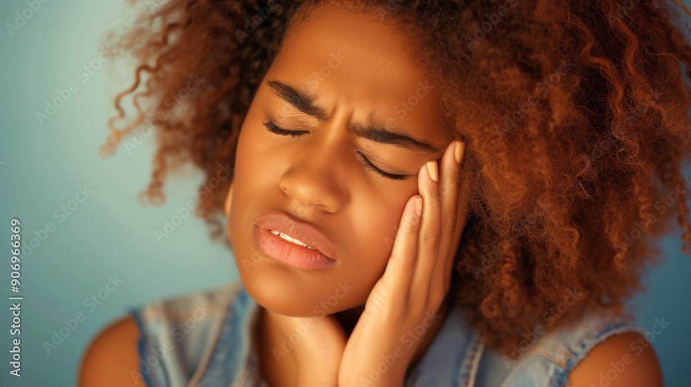Woman holding her cheek in pain, indicating a toothache Woman holding her cheek in pain, indicating a toothache