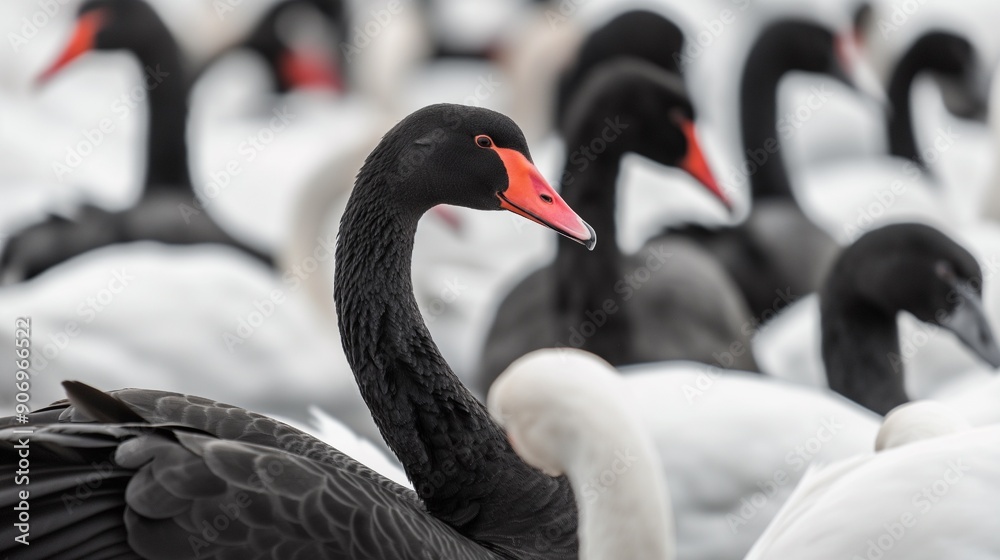 Fototapeta premium Black swan among white, different unique special leader identity, crowd leadership