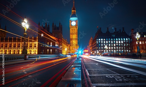 Shown at night with the lights of passing cars, Big Ben is one of the most prominent symbols of both London and England. photo