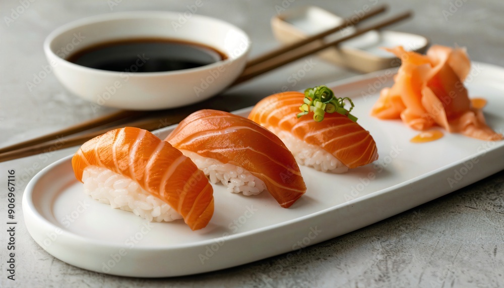 a white plate topped with sushi and chopsticks a white plate topped with sushi and chopsticks
