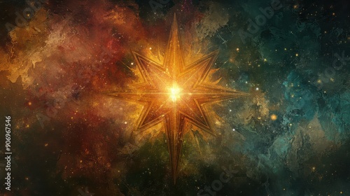 Wallpaper Mural Stylized cosmic scene with a central eight-pointed star, surrounded by nebulous clouds and scattered stars, evoking a sense of the cosmos Torontodigital.ca