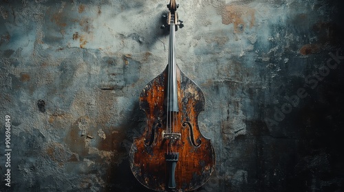 Weathered double bass against a textured, aged wall