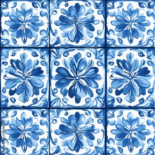 Majolica floral blue folk ceramic tile pattern. Traditional Portuguese and Spain decor