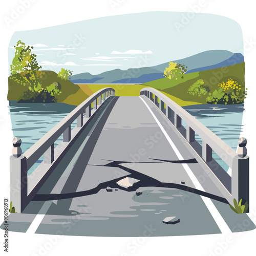 Damaged bridge over river cracks broken railings. Cartoon style bridge collapse blue river green landscape. Road accident scene, unsafe construction imminent danger