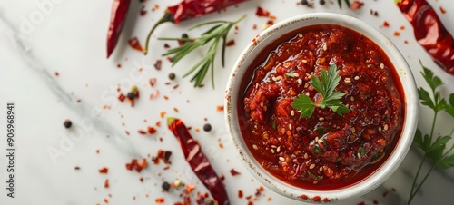 Gochujang with Sesame and Herbs.
Rich and spicy gochujang sauce garnished with sesame seeds and fresh herbs in a white bowl. Perfect for seasoning and adding depth to meals.
 photo