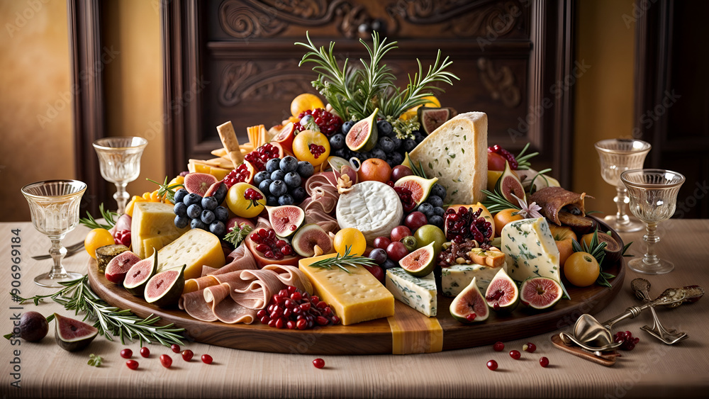 Fototapeta premium Fantasy Feast Charcuterie Board: An extravagant charcuterie board with whimsical cheeses, meats, and fruits.