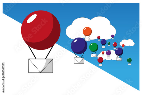 Banner conceptual de cartas viajando en globo por los cielo. Símbolo de mensajería viajando por el mundo y llegando a todos lados. Icono de correo. 