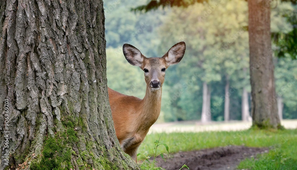 The doe was hiding behind a tree.