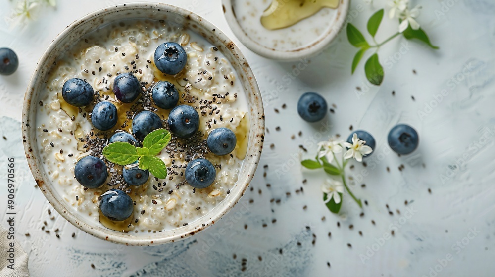 a bowl of oatmeal topped with blueberries and mint a bowl of oatmeal topped with blueberries and mint
