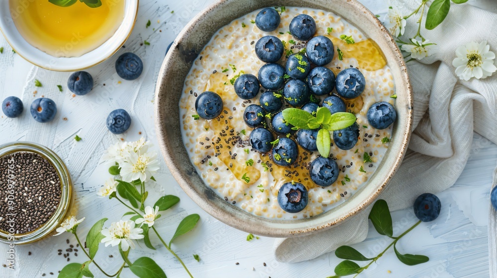 a bowl of oatmeal with blueberries and green leaves a bowl of oatmeal with blueberries and green leaves