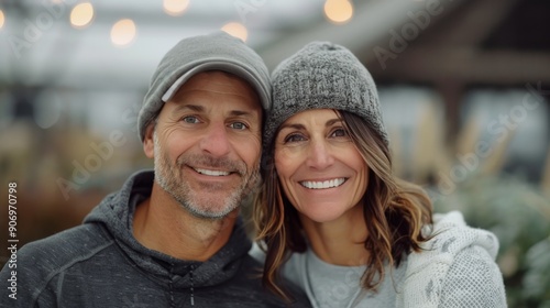 Happy Couple Smiling Together at Outdoor Gathering on a Cool Autumn Day