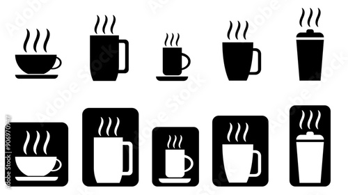 Set de iconos de silueta de varias tazas con bebida caliente en blanco y negro. Vector en estilo minimalista para folleto, tienda virtual, sitio web, app y diseño gráfico. 