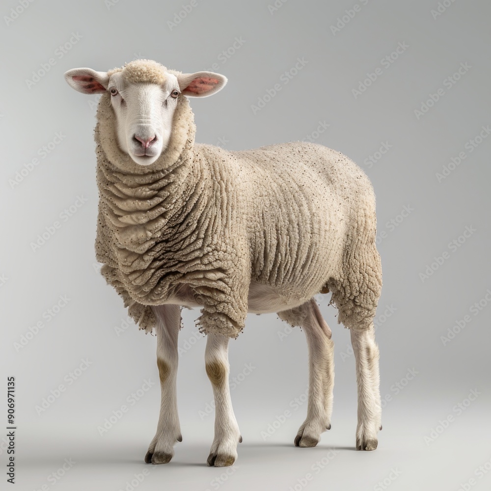 Medium shot of a sheep, isolated on a light solid pastel white background Medium shot of a sheep, isolated on a light solid pastel white background