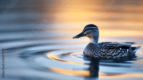 Duck Swimming in Calm Waters During Early Morning Fog