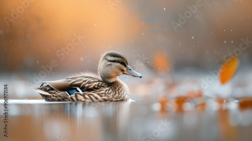Duck Swimming in Calm Waters During Early Morning Fog