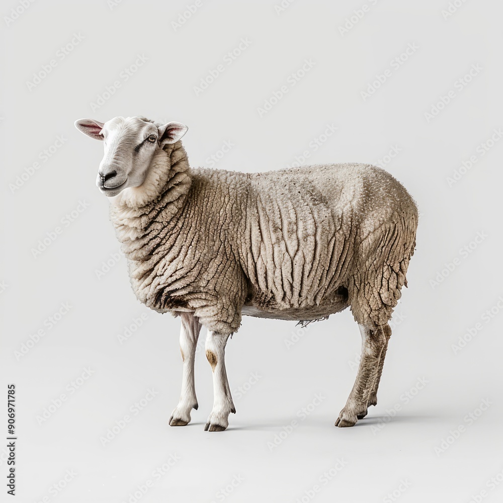 Obraz premium Medium shot of a sheep, isolated on a light solid pastel white background 