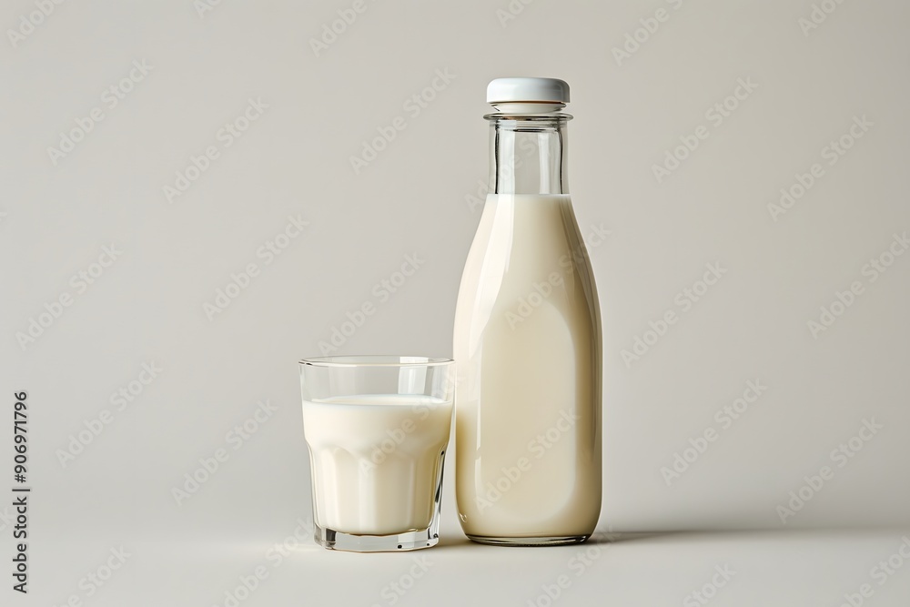Fresh Milk in a Bottle and Glass on a Minimalist Background Fresh Milk in a Bottle and Glass on a Minimalist Background