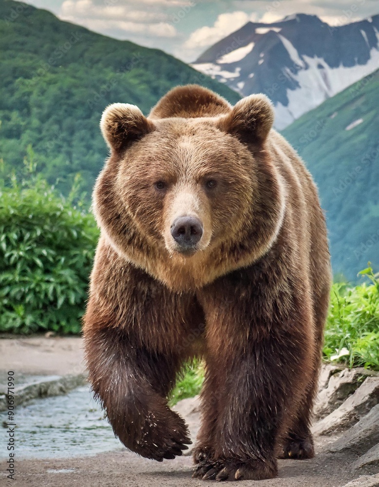 The Kamchatka brown bear or Ursus arctos piscator. Bear is coming towards the camera. Closeup of kamchatka brown bear. The Kamchatka brown bear or Ursus arctos piscator. Bear is coming towards the camera. Closeup of kamchatka brown bear.