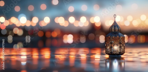 Decorative Lantern Illuminating a Warm Evening Glow at Dusk