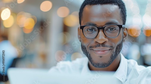 Smiling Man Working on Laptop in Modern Office During Daytime