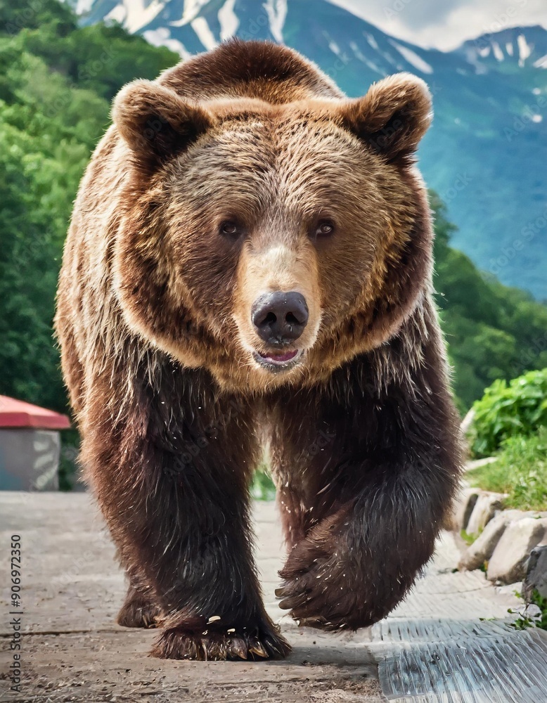 The Kamchatka brown bear or Ursus arctos piscator. Bear is coming towards the camera. Closeup of kamchatka brown bear. The Kamchatka brown bear or Ursus arctos piscator. Bear is coming towards the camera. Closeup of kamchatka brown bear.