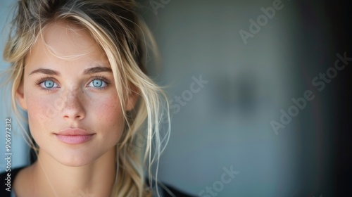 Young Woman With Blonde Hair and Blue Eyes Smiling in Natural Light