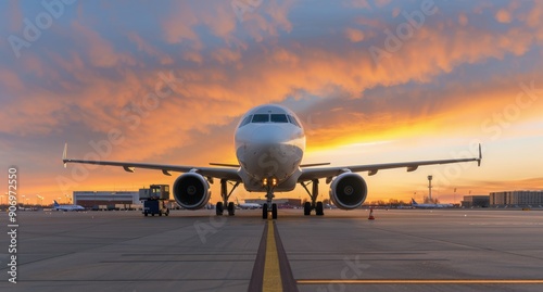 Airplane on Tarmac at Sunrise With Colorful Sky Background