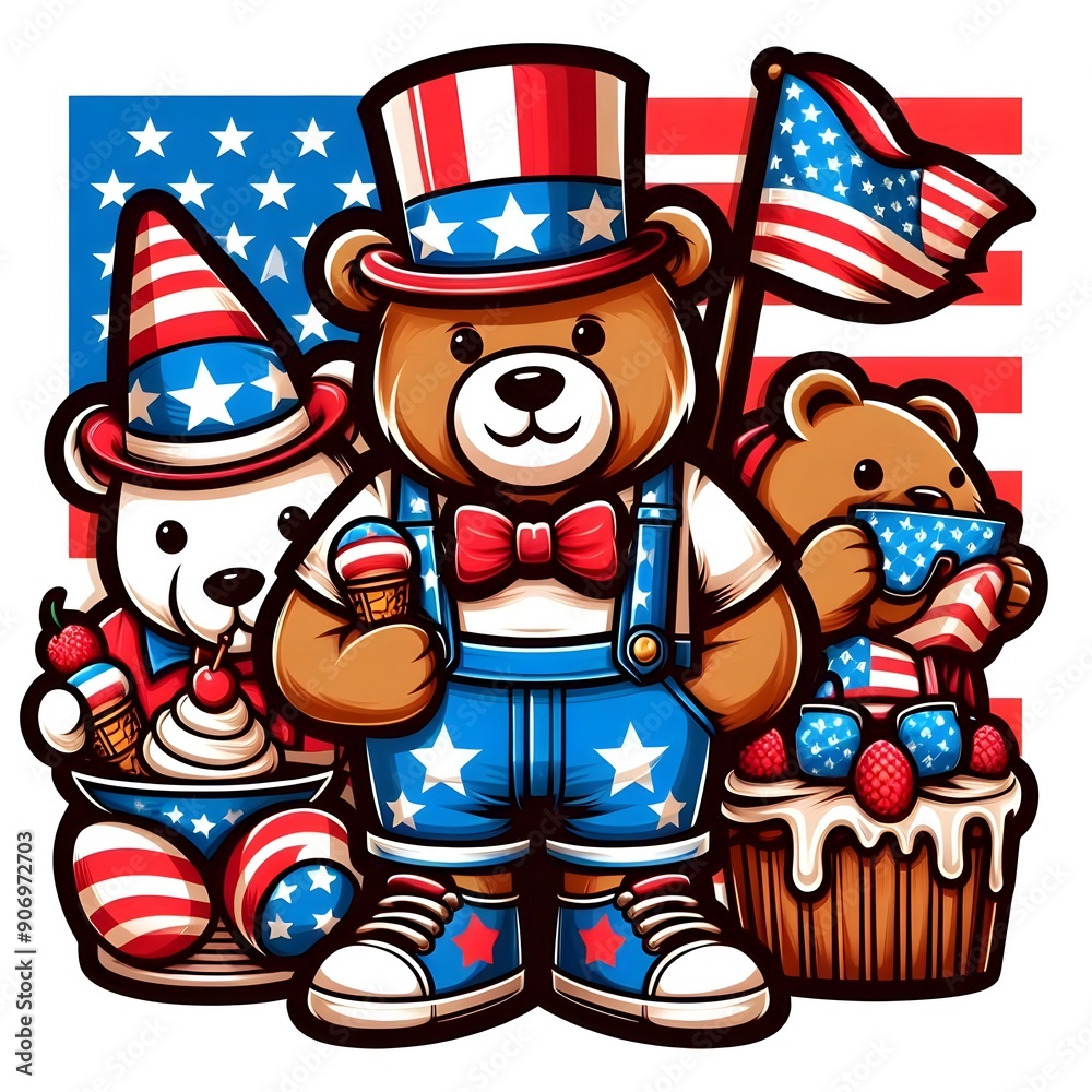 Patriotic Teddy Bears Celebrate Independence Day with Ice Cream and Cake Patriotic Teddy Bears Celebrate Independence Day with Ice Cream and Cake