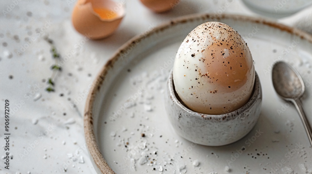 an egg is sitting on a plate with a spoon an egg is sitting on a plate with a spoon