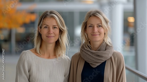 Two Women Smiling Together in a Bright Indoor Space With Autumn Leaves in Bac...