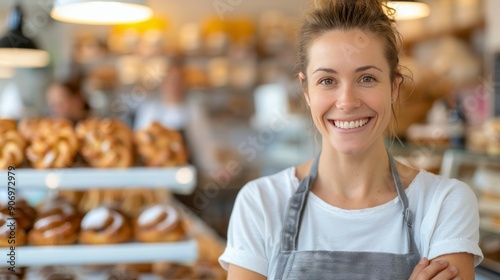 Smiling Baker in an Attractive Bakery With Fresh Pastries on Display