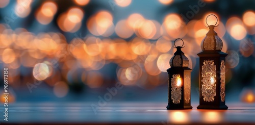Decorative Lantern Illuminating a Warm Evening Glow at Dusk
