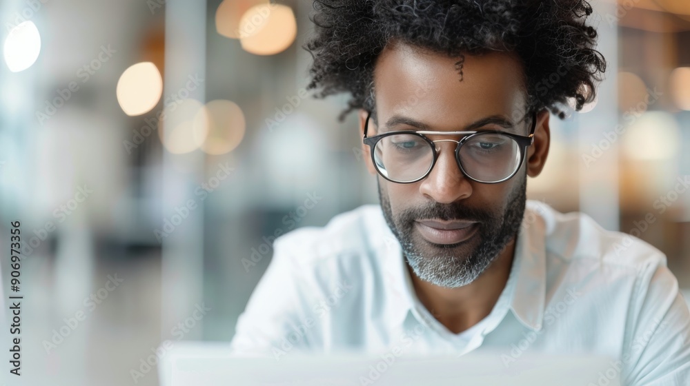 Smiling Man Working on Laptop in Modern Office During Daytime Smiling Man Working on Laptop in Modern Office During Daytime