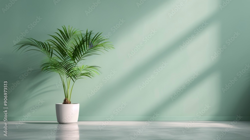 Indoor Potted Palm Plant Against Mint Green Wall With Sunlight Shadows Indoor Potted Palm Plant Against Mint Green Wall With Sunlight Shadows
