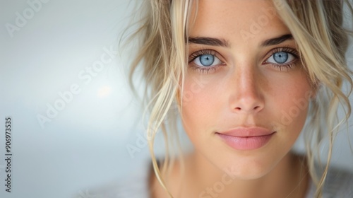 Young Woman With Blonde Hair and Blue Eyes Smiling in Natural Light