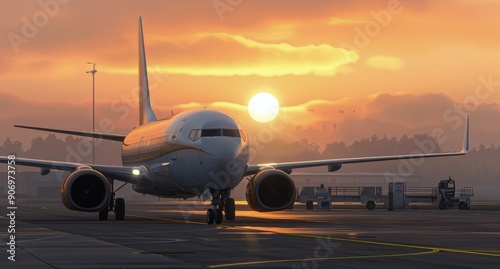 Airplane on Tarmac at Sunrise With Colorful Sky Background