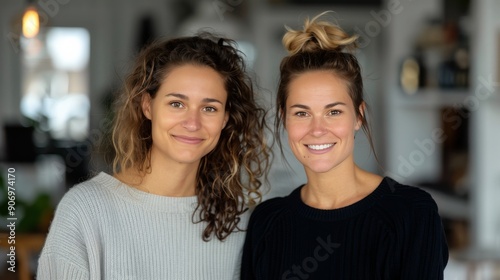 Two Women Smiling Together in a Bright Indoor Space With Autumn Leaves in Bac...