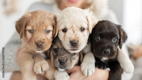 Happy Man Cuddling Playful Puppies in Snowy Winter Setting