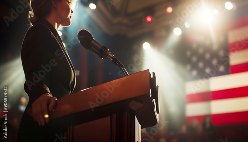 Politician blonde Woman in formal suit delivering speech from podium illuminated by lights. American flag is in background, highlighting setting of official political meeting with elections voters